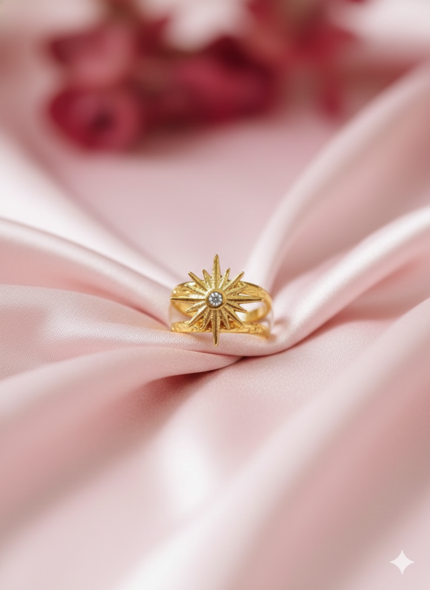 Nova Starburst Double Band Ring in Gold | Celestial Sunburst Statement Ring – SILVROSE