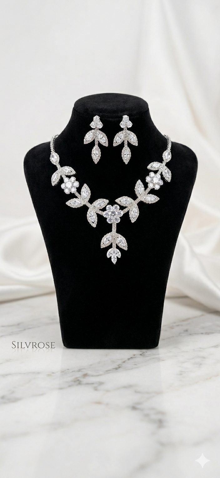 Elegant Floral Leaf Cubic Zirconia Jewelry Set