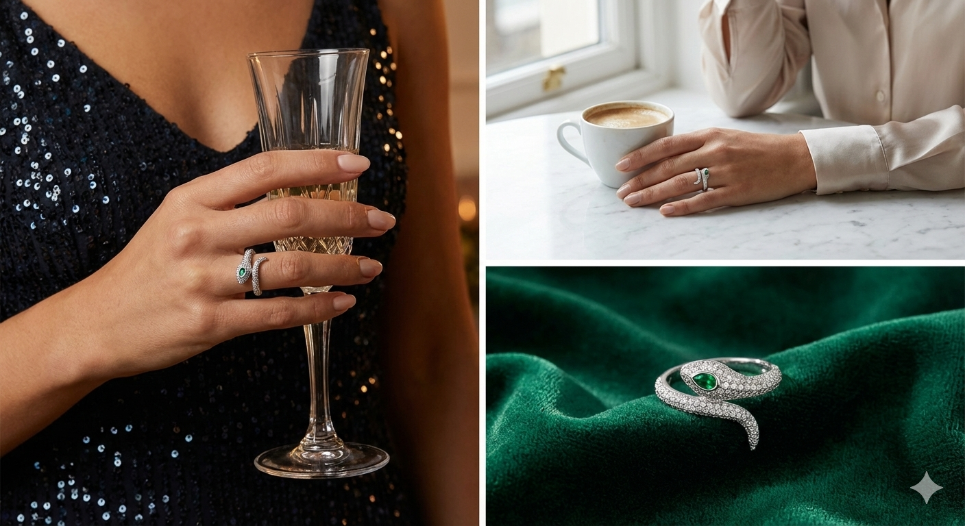 Silver Snake Wrap Ring with Emerald Eye | SILVROSE