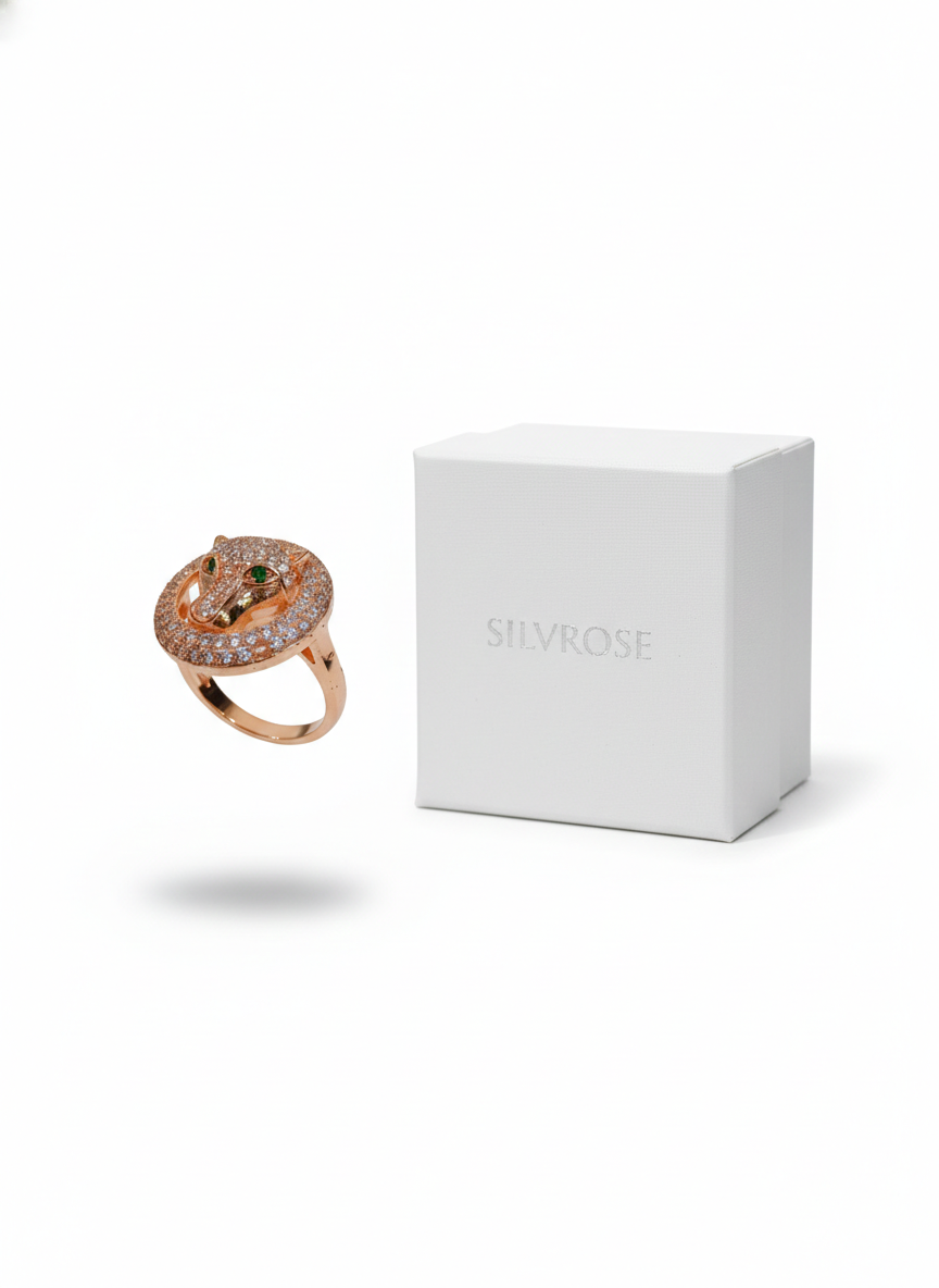 Rose Gold Panther Statement Ring - Green Crystal Eye Pavé Band | SILVROSE