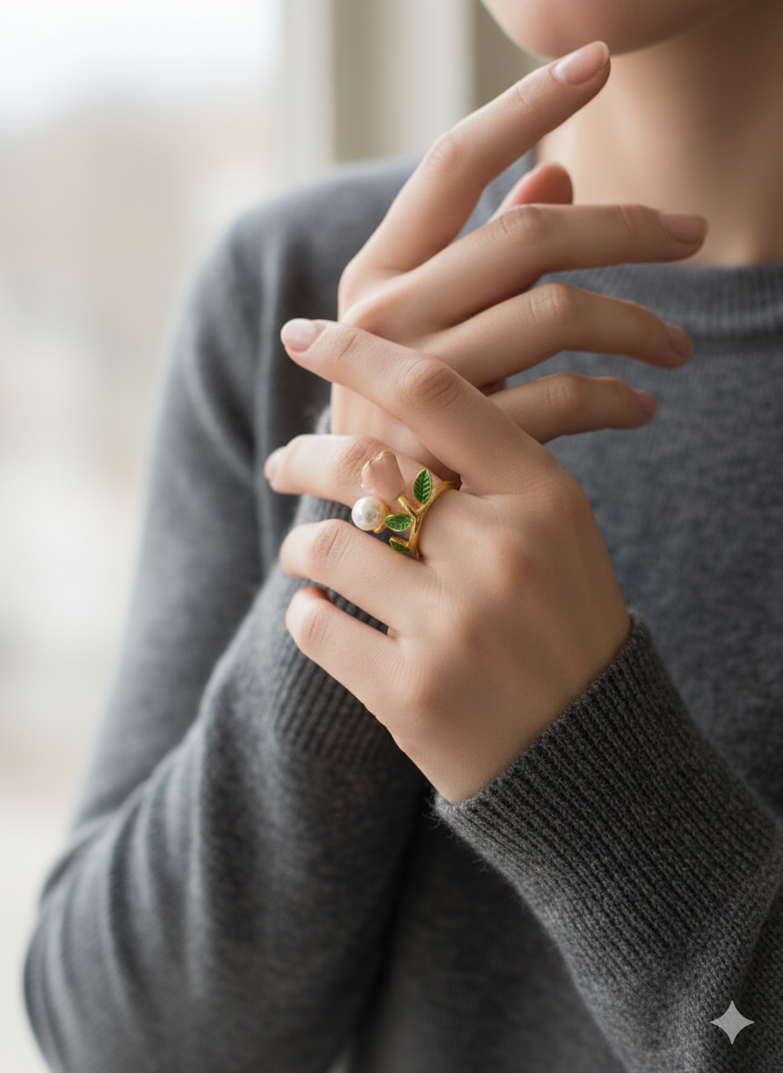 Pearl Rose Adjustable Ring for Women – Floral Gold Ring | SILVROSE