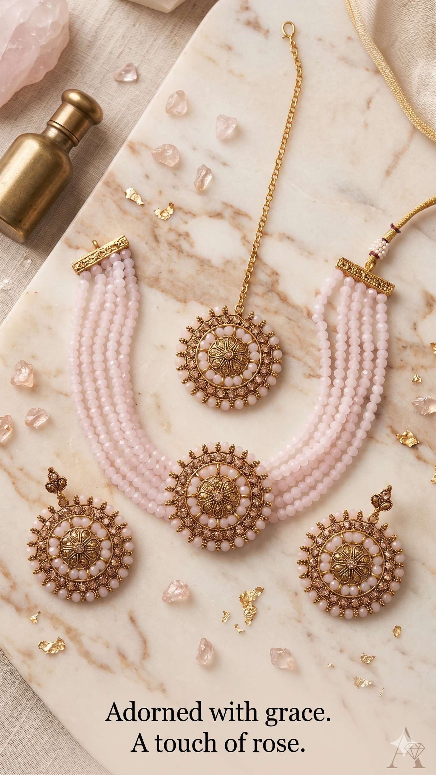 Blush Pink Beaded Choker Set with Maang Tikka