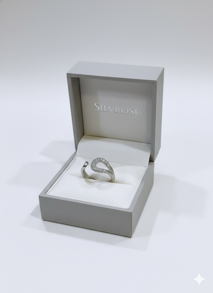 SILVROSE Sterling Silver Astra Wave Adjustable Ring – Pave Cubic Zirconia Open Ring