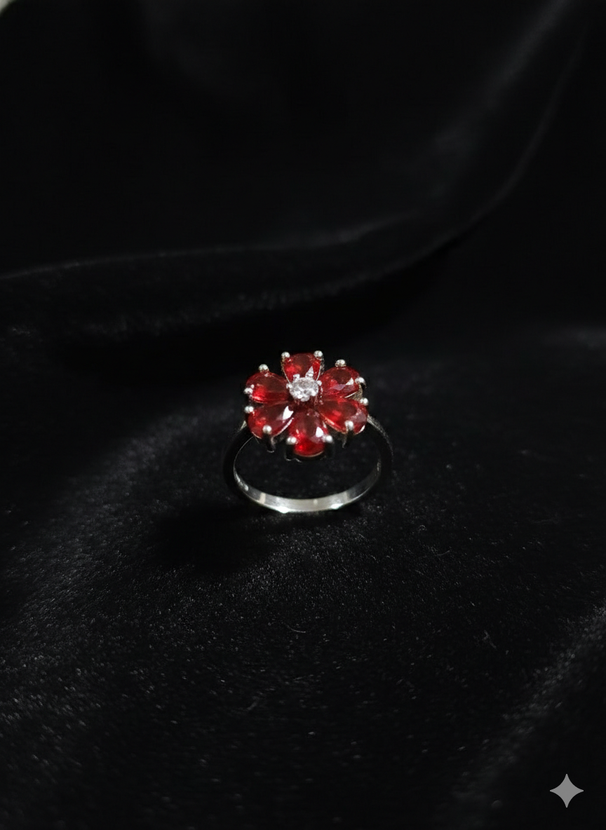 SILVROSE Crimson Blossom Flower Ring – Silver Red Floral Statement Ring