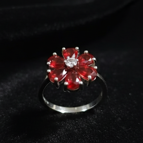 SILVROSE Crimson Blossom Flower Ring – Silver Red Floral Statement Ring
