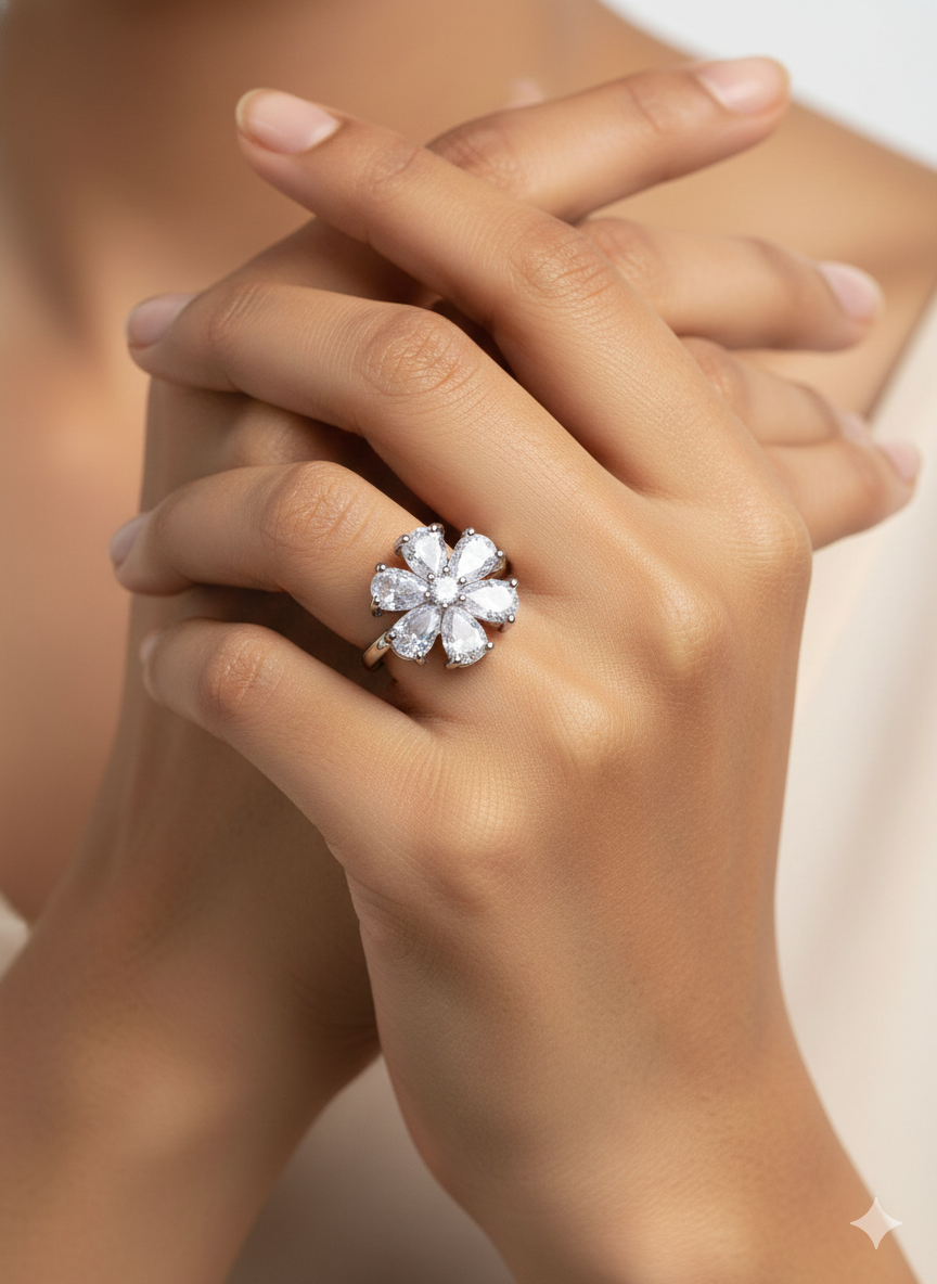SILVROSE Crystal Bloom Flower Ring – Silver Clear Floral Statement Ring