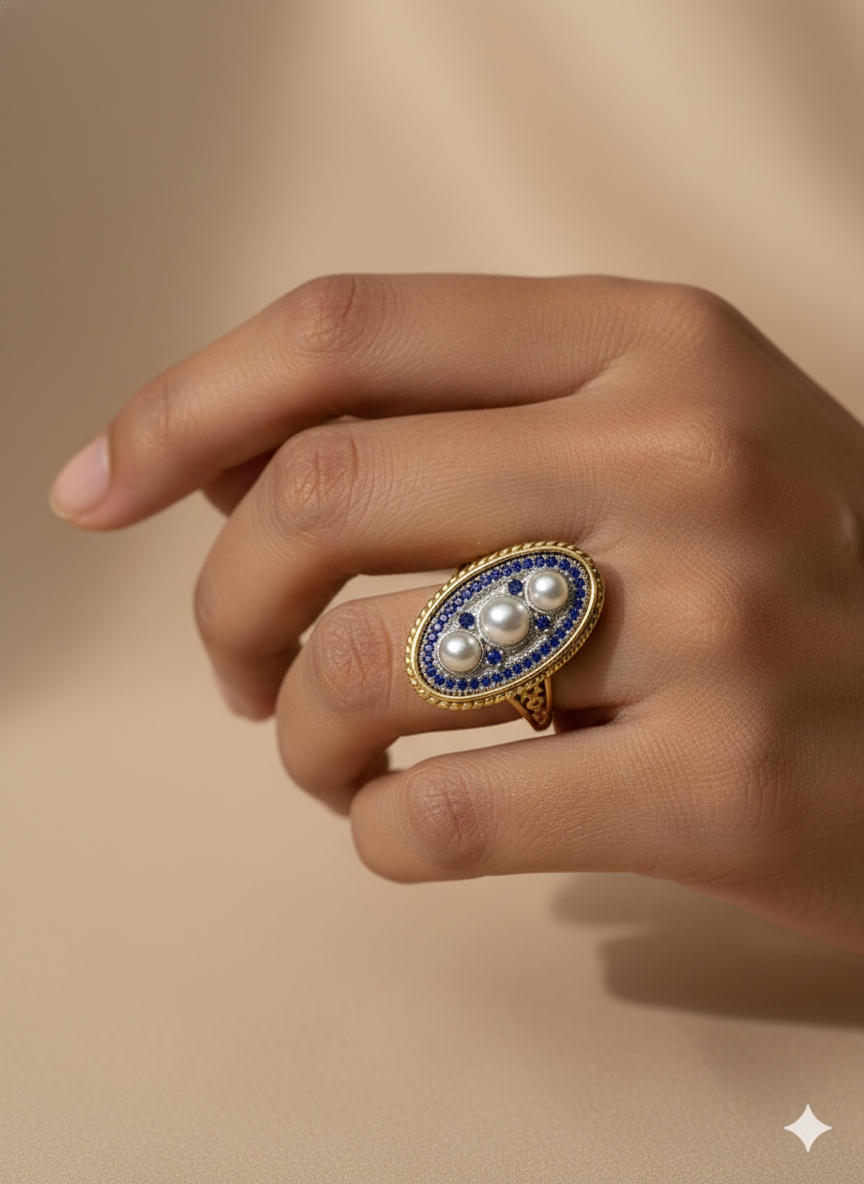 Empress Vintage Pearl & Sapphire Oval Ring | Art Deco Gold Cocktail Ring – SILVROSE