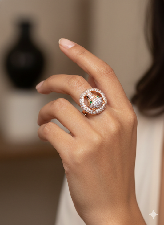 Rose Gold Panther Statement Ring - Green Crystal Eye Pavé Band | SILVROSE