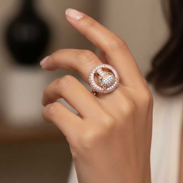 Rose Gold Panther Statement Ring - Green Crystal Eye Pavé Band | SILVROSE