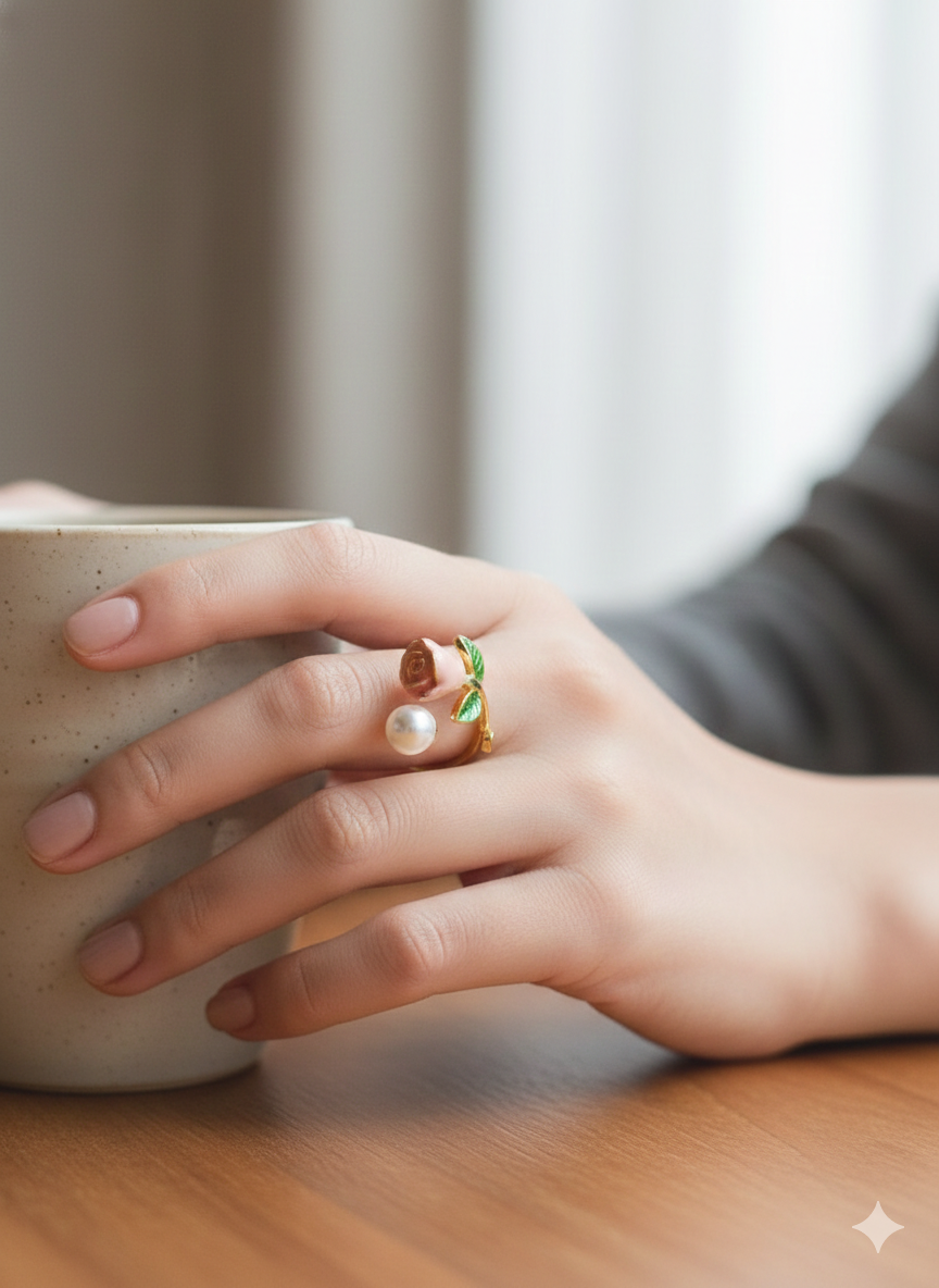 Pearl Rose Adjustable Ring for Women – Floral Gold Ring | SILVROSE