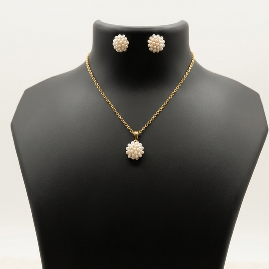 Delicate Pearl Cluster Pendant Necklace and Earring Set