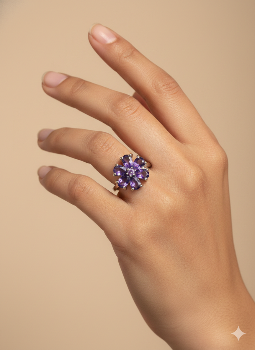 SILVROSE Violet Bloom Flower Ring – Silver Purple Floral Statement Ring
