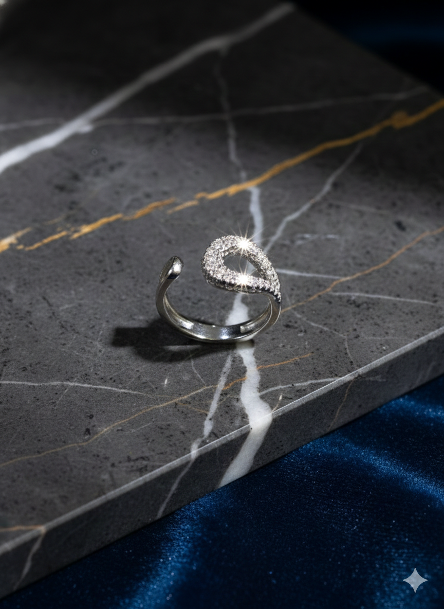 SILVROSE Sterling Silver Astra Wave Adjustable Ring – Pave Cubic Zirconia Open Ring