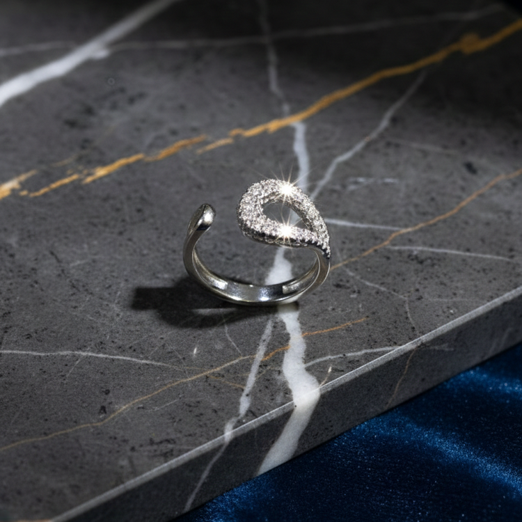 SILVROSE Sterling Silver Astra Wave Adjustable Ring – Pave Cubic Zirconia Open Ring