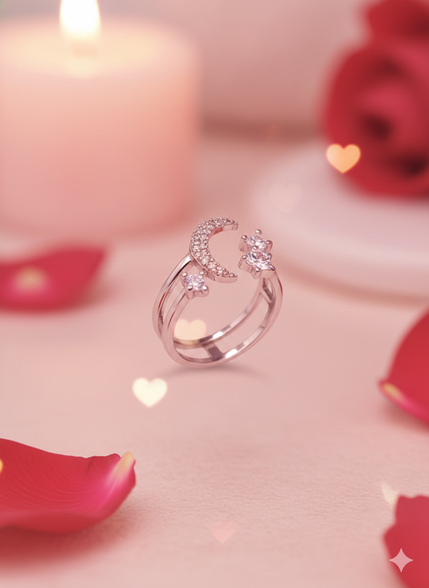 Silver Celestial Moon and Star Double Band Ring | SILVROSE
