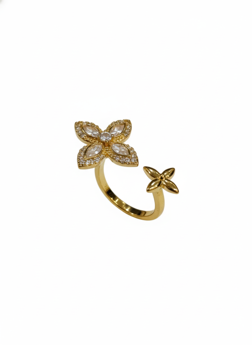 SILVROSE 18K Gold Plated Clover Blossom Adjustable Ring – Marquise CZ Open Cuff Ring