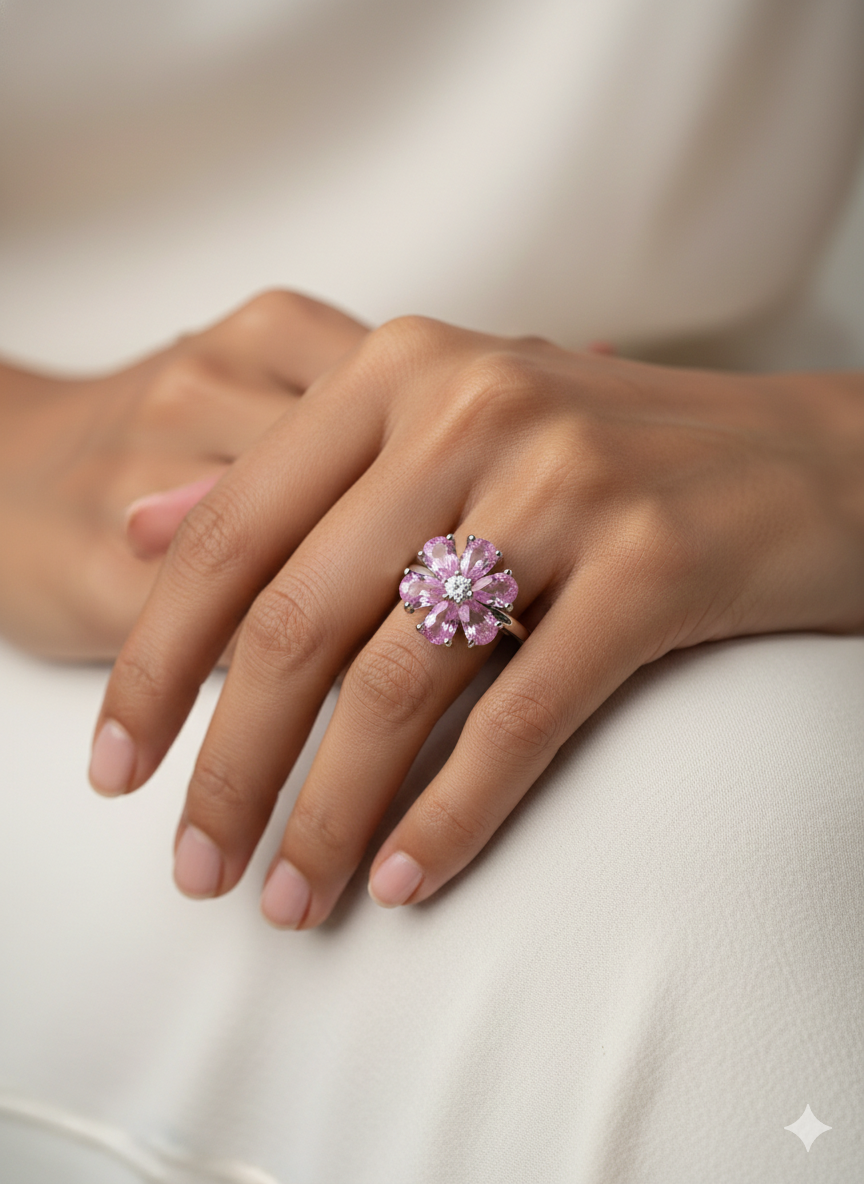 SILVROSE Pink Blossom Flower Ring – Silver Floral Statement Ring