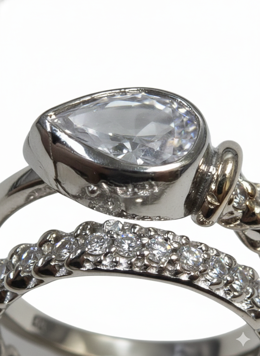 Silver Teardrop Statement Ring - Layered Beaded Pavé Band | SILVROSE