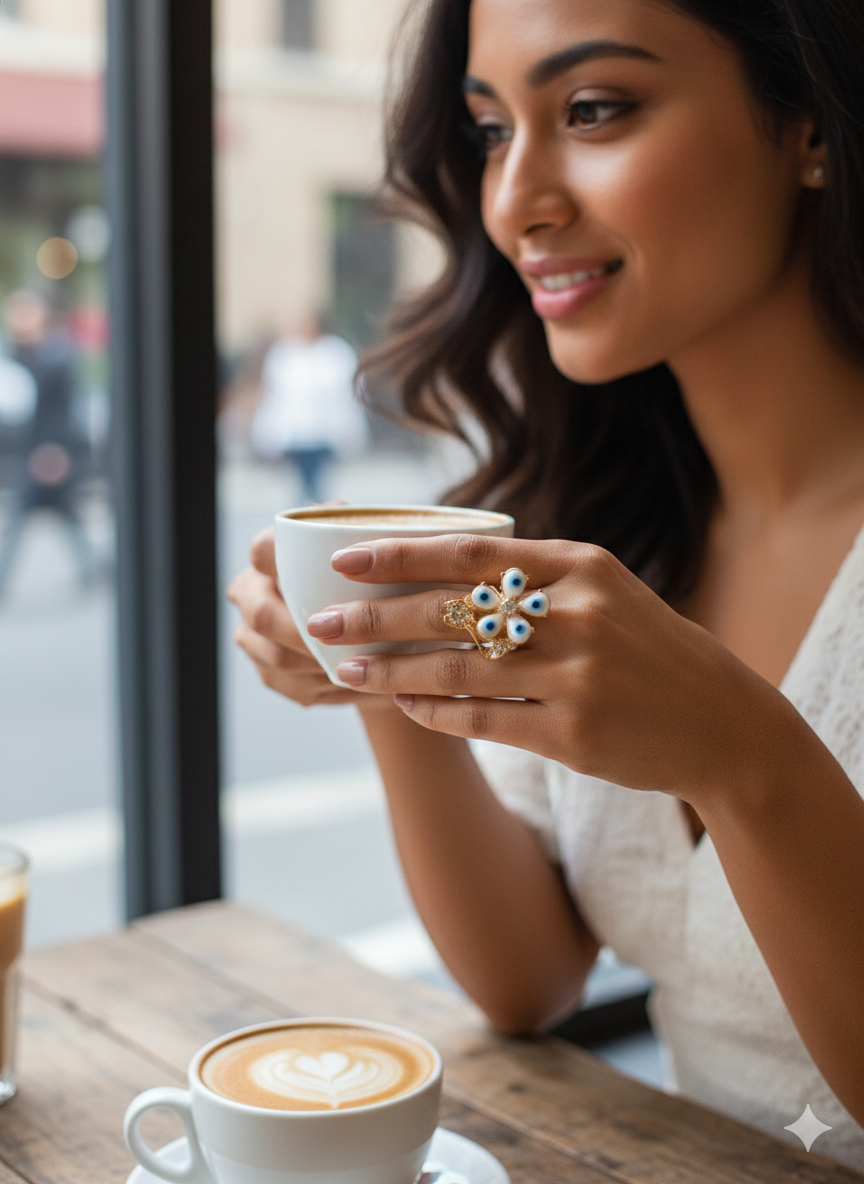 Gold-Plated Evil Eye Flower Ring with Crystal Center