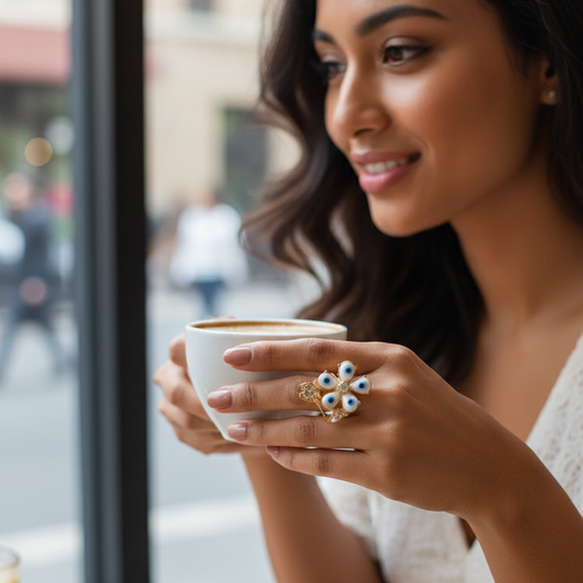 Gold-Plated Evil Eye Flower Ring with Crystal Center