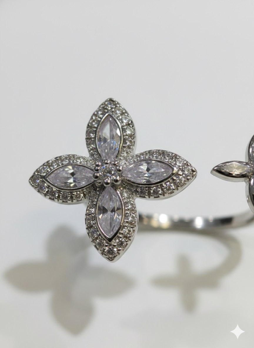 SILVROSE Sterling Silver Clover Blossom Adjustable Ring – Marquise Cubic Zirconia Open Cuff Ring