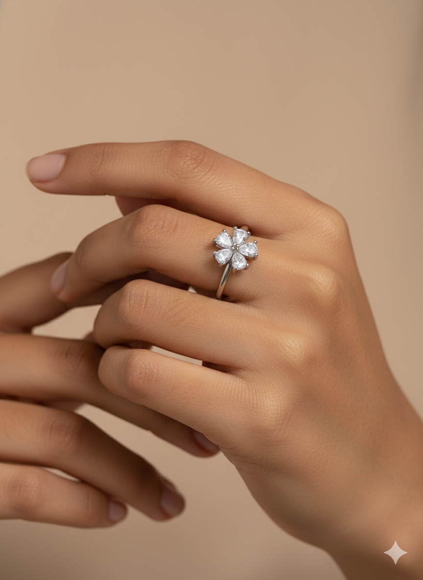 Silver Pear Cut Crystal Flower Statement Ring | SILVROSE