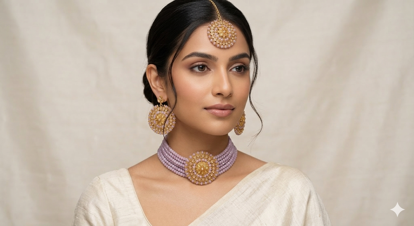 Mauve Kundan Splendor Beaded Choker Necklace Set with Maang Tikka
