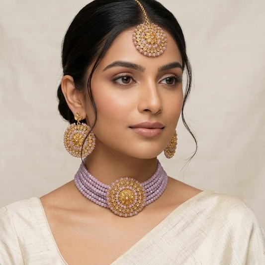 Mauve Kundan Splendor Beaded Choker Necklace Set with Maang Tikka