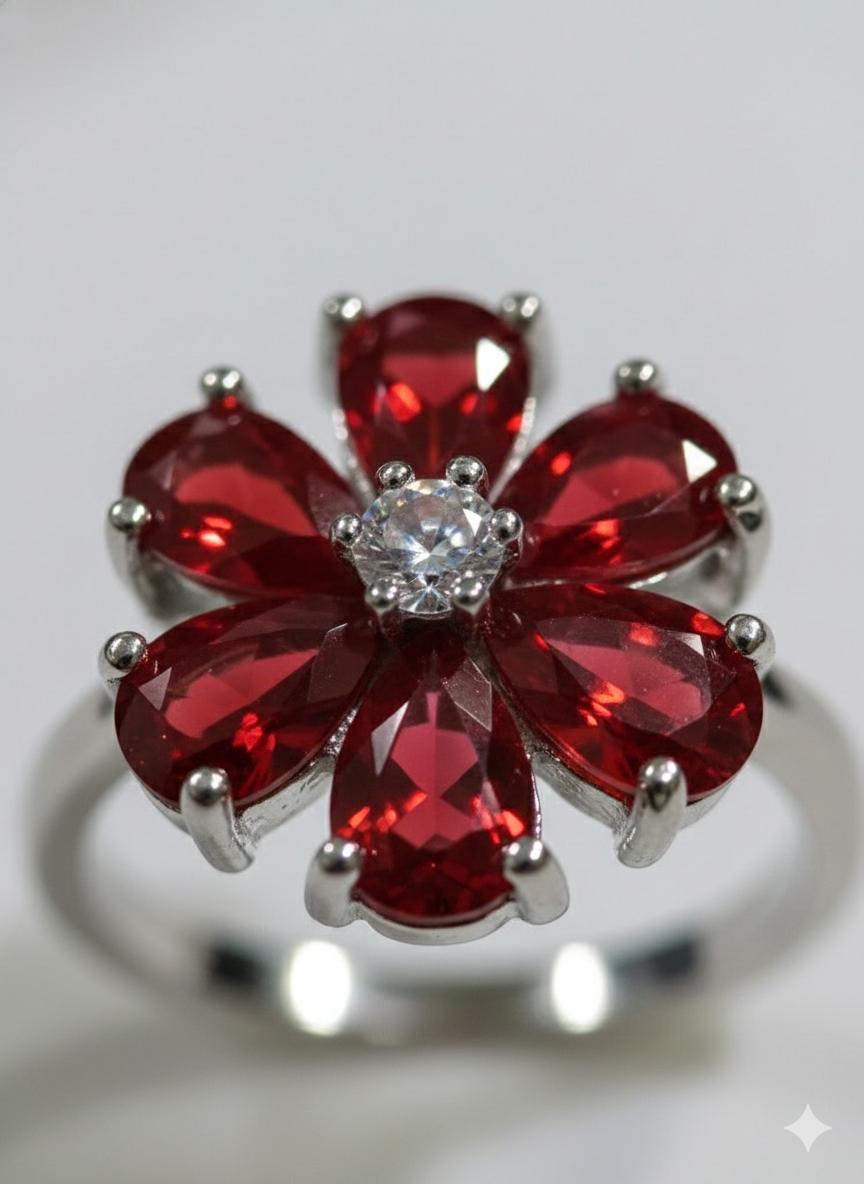 SILVROSE Crimson Blossom Flower Ring – Silver Red Floral Statement Ring