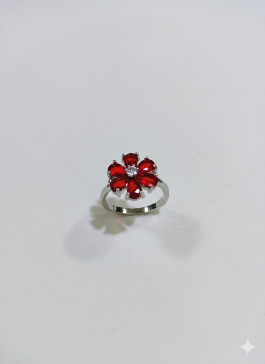 SILVROSE Crimson Blossom Flower Ring – Silver Red Floral Statement Ring