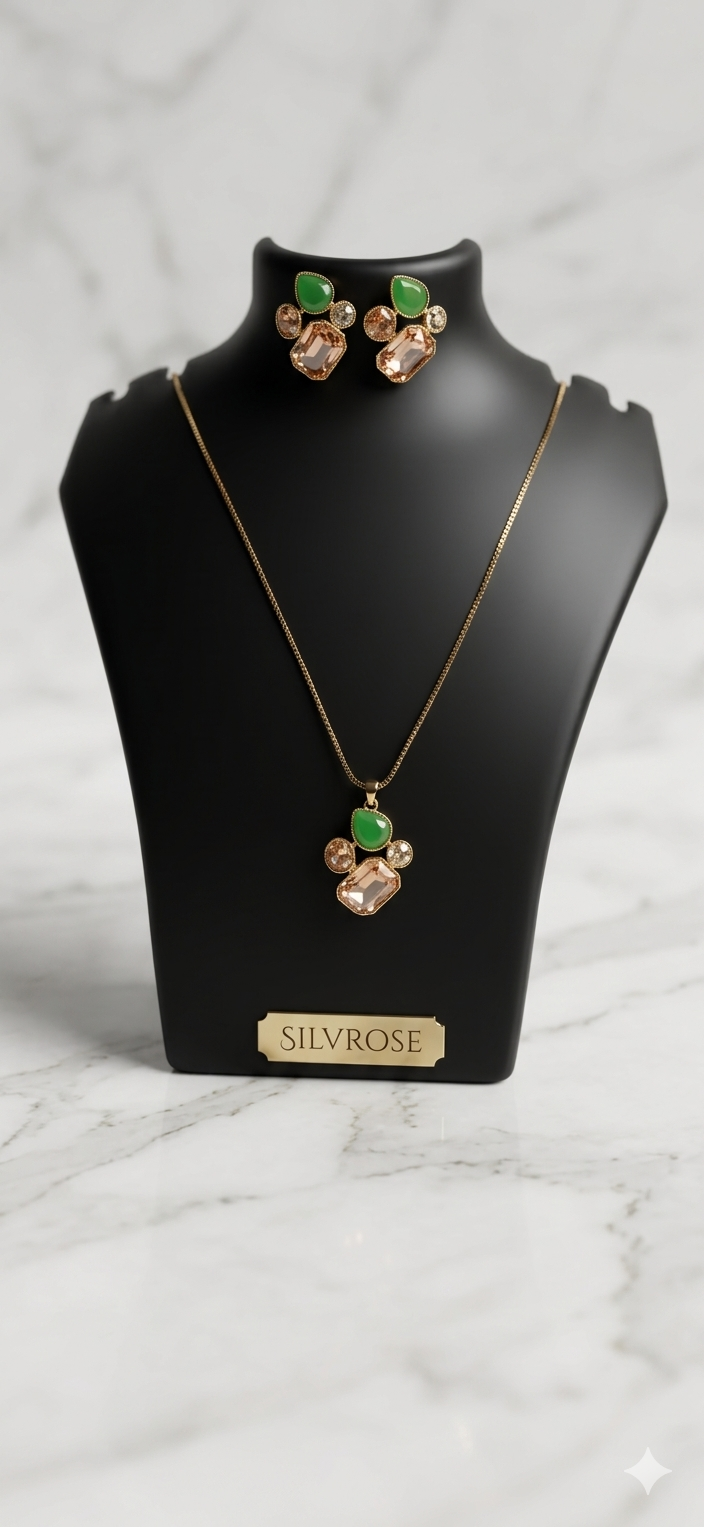 Elegant Green & Champagne Crystal Pendant Necklace & Earring Set