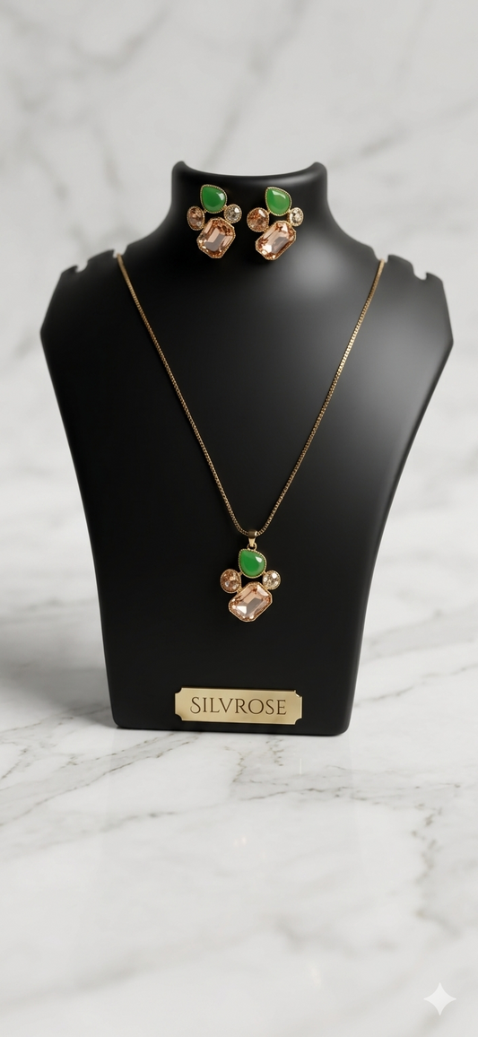 Elegant Green & Champagne Crystal Pendant Necklace & Earring Set