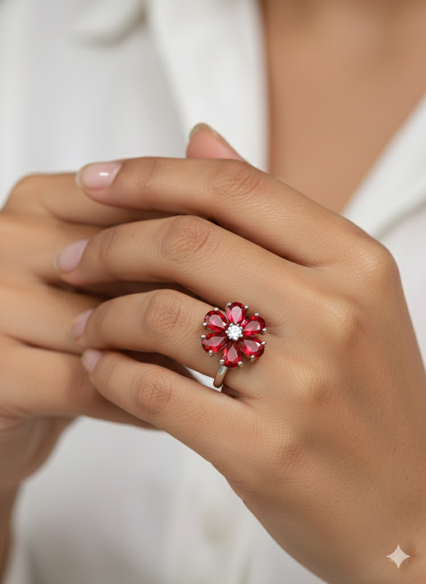 SILVROSE Crimson Blossom Flower Ring – Silver Red Floral Statement Ring