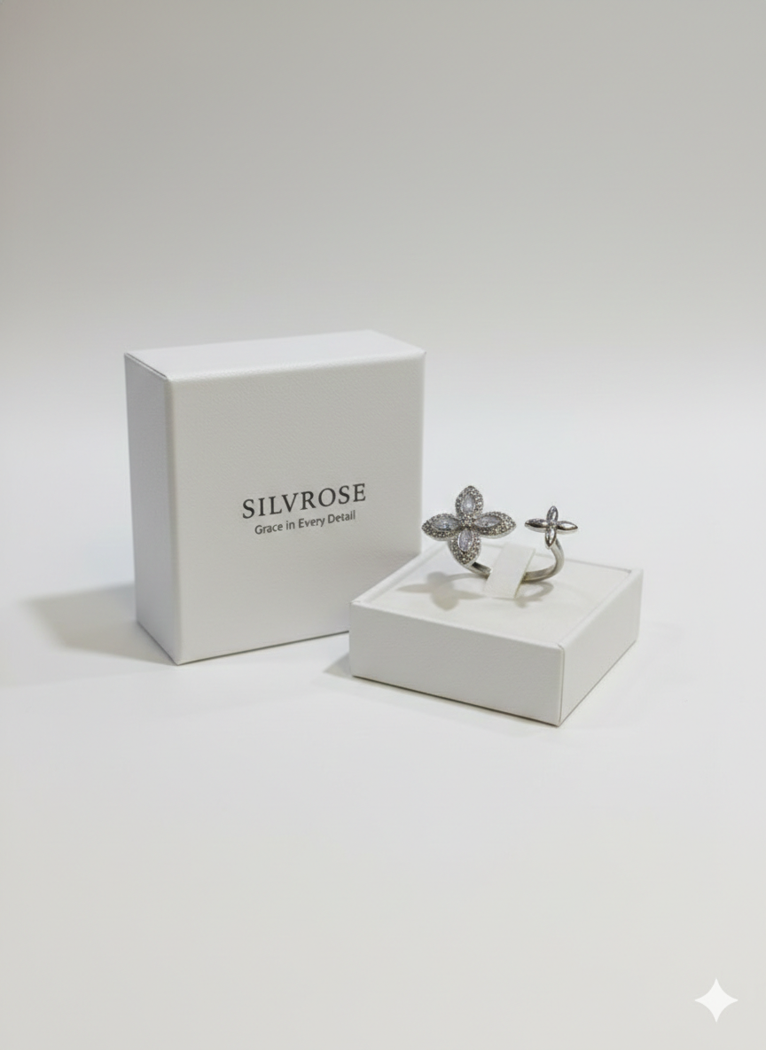 SILVROSE Sterling Silver Clover Blossom Adjustable Ring – Marquise Cubic Zirconia Open Cuff Ring