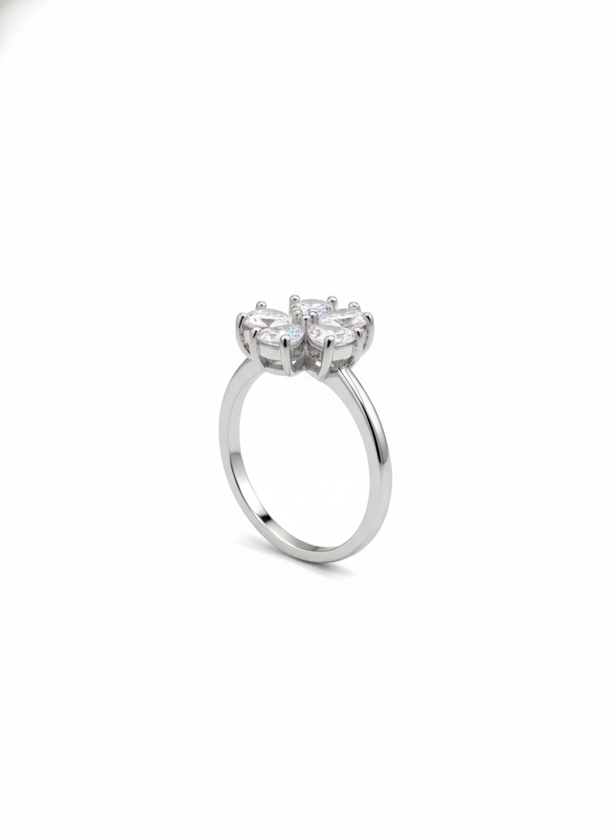 Silver Pear Cut Crystal Flower Statement Ring | SILVROSE