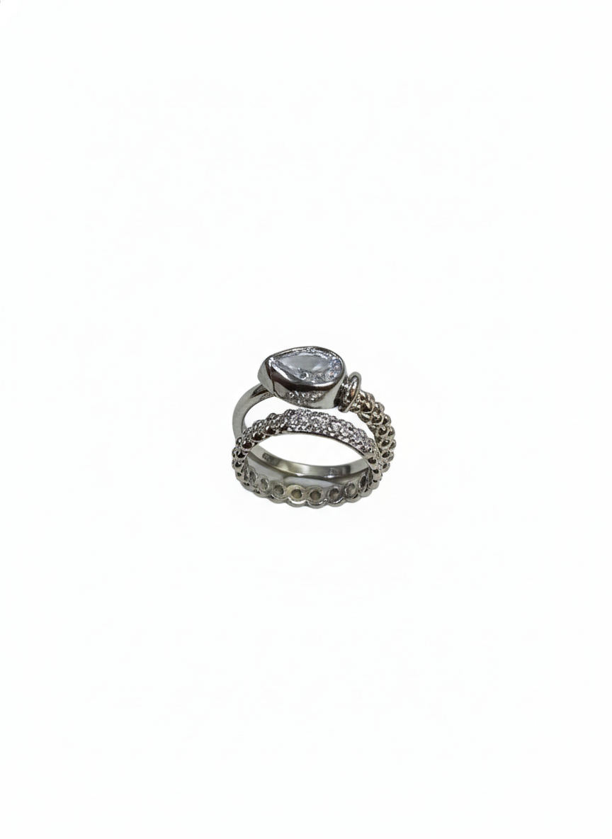 Silver Teardrop Statement Ring - Layered Beaded Pavé Band | SILVROSE