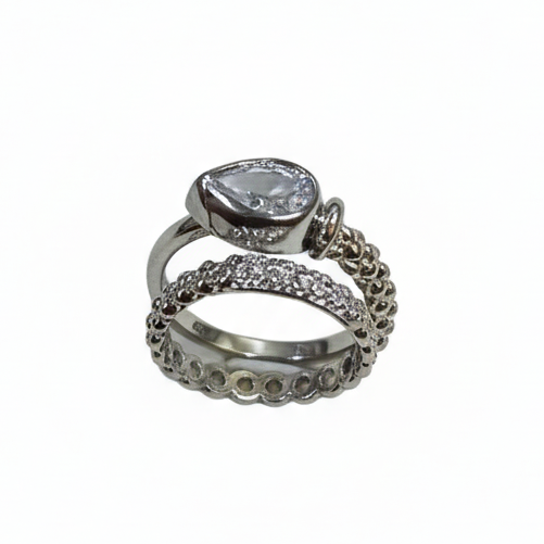 Silver Teardrop Statement Ring - Layered Beaded Pavé Band | SILVROSE