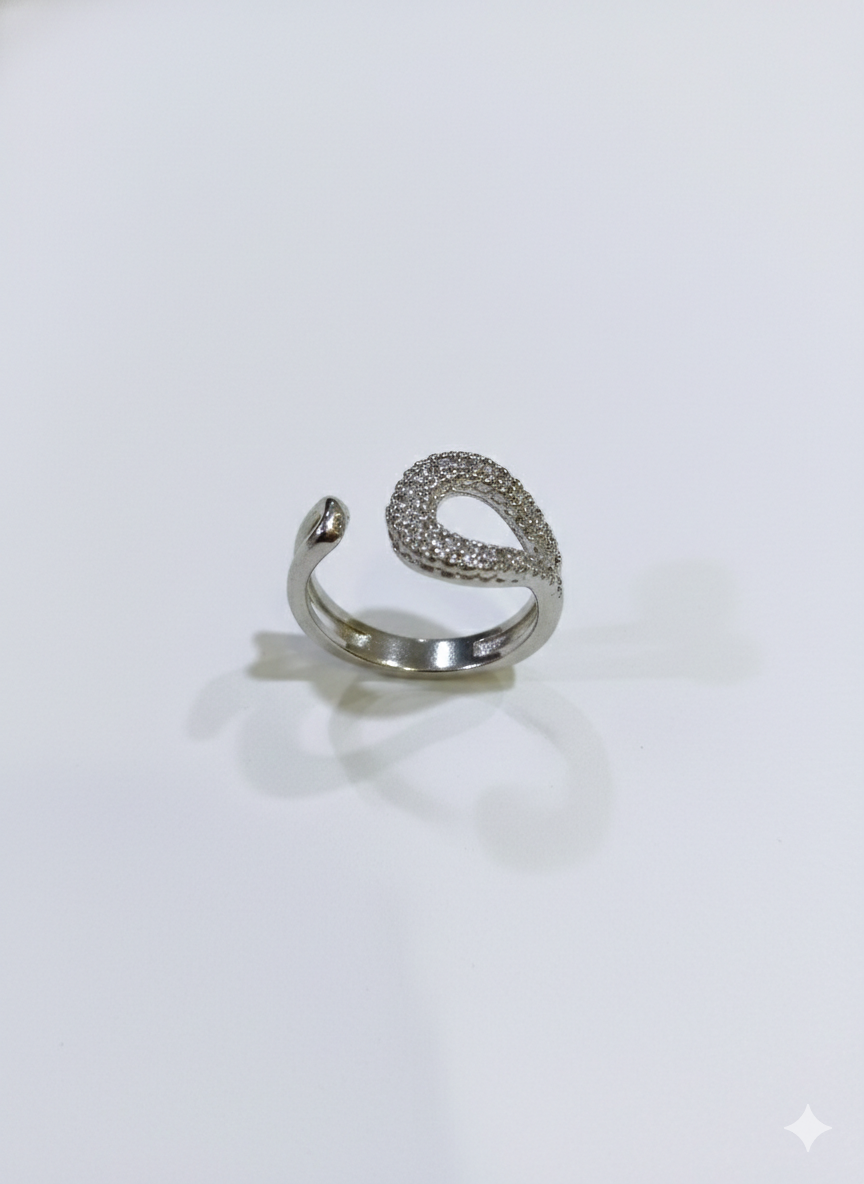 SILVROSE Sterling Silver Astra Wave Adjustable Ring – Pave Cubic Zirconia Open Ring