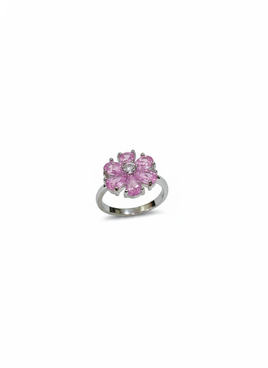 SILVROSE Pink Blossom Flower Ring – Silver Floral Statement Ring
