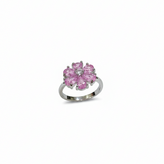 SILVROSE Pink Blossom Flower Ring – Silver Floral Statement Ring