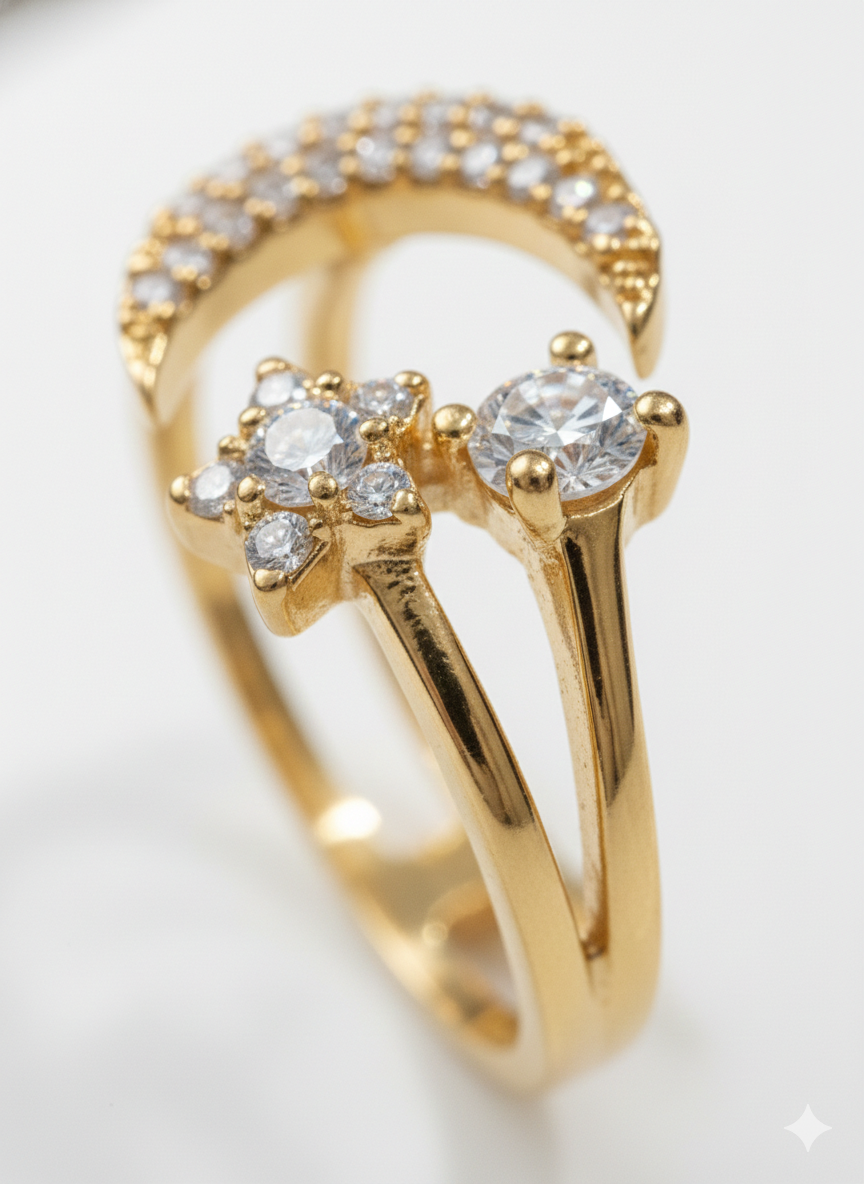 Gold Celestial Moon and Star Double Band Ring | SILVROSE