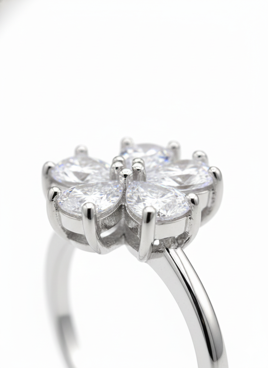 Silver Pear Cut Crystal Flower Statement Ring | SILVROSE