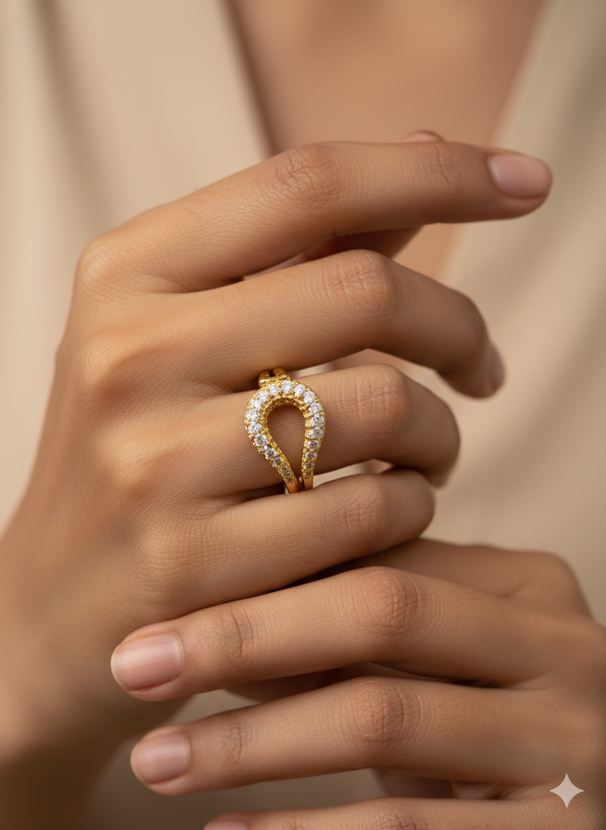 SILVROSE Sovereign Teardrop Statement Ring – Gold Plated Pave Cubic Zirconia Ring