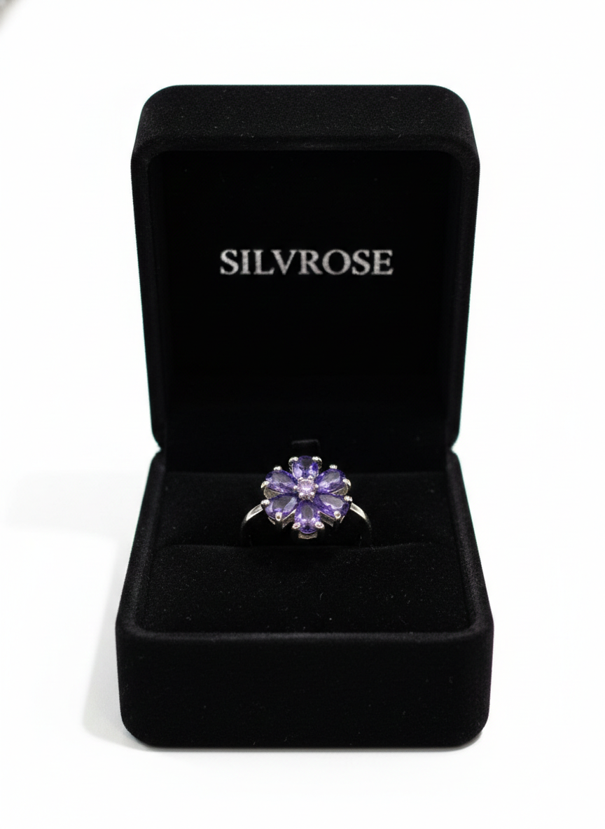 SILVROSE Violet Bloom Flower Ring – Silver Purple Floral Statement Ring