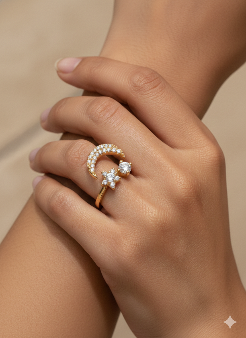 Gold Celestial Moon and Star Double Band Ring | SILVROSE