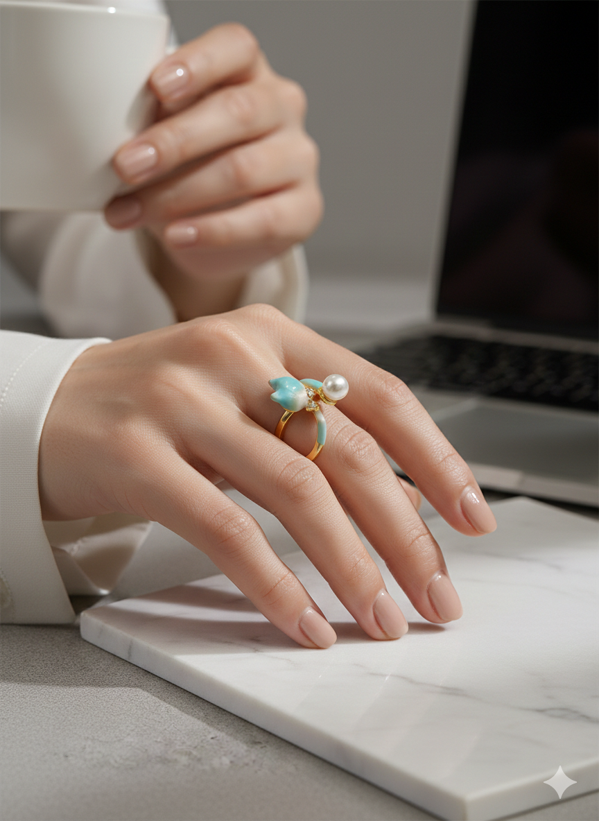 Aqua Pearl Floral Adjustable Ring for Women – SILVROSE