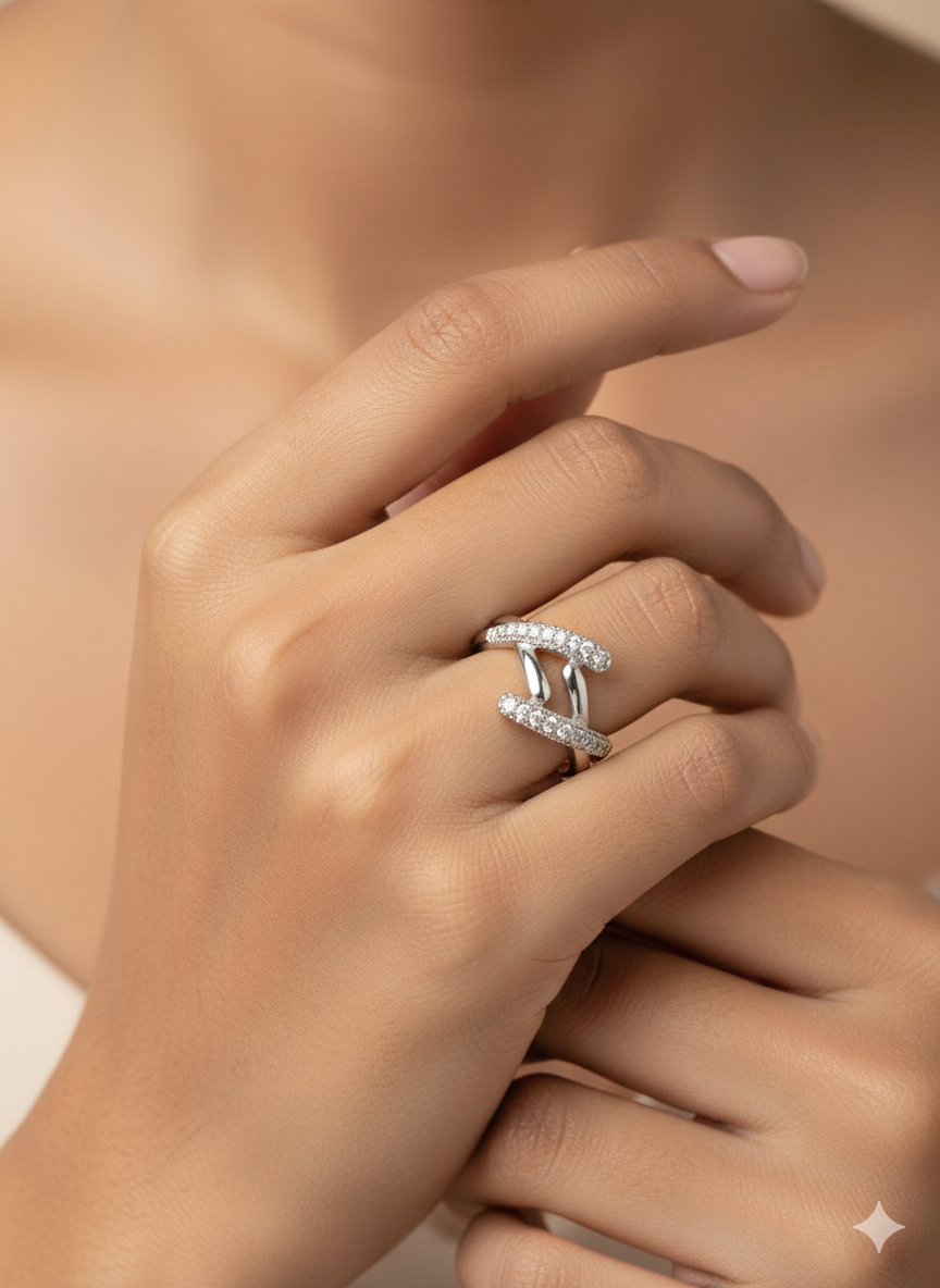Silver Pavé Interlocking Wrap Ring - Architectural Statement Band | SILVROSE