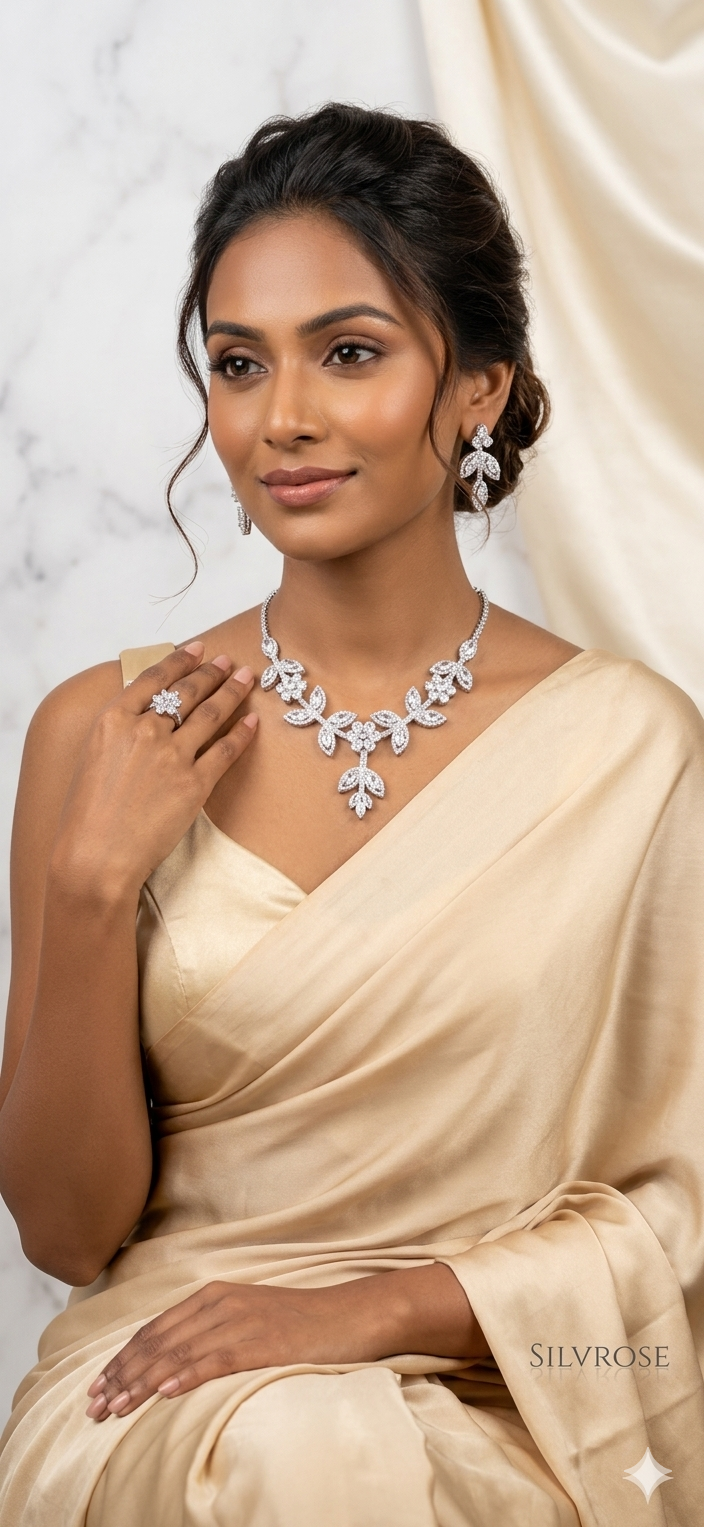 Elegant Floral Leaf Cubic Zirconia Jewelry Set