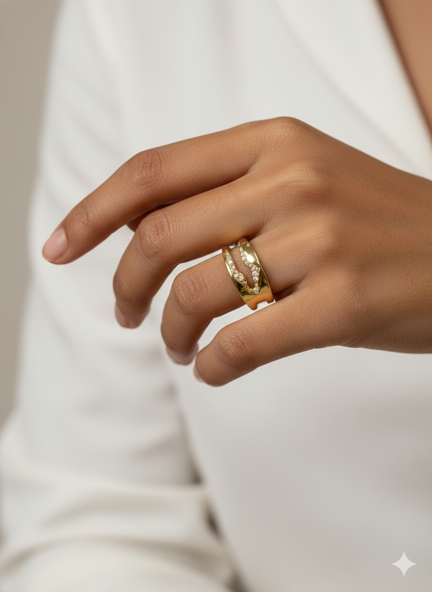 Gold Wave Cutout Statement Ring - Organic Pavé Band | SILVROSE