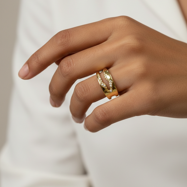 Gold Wave Cutout Statement Ring - Organic Pavé Band | SILVROSE